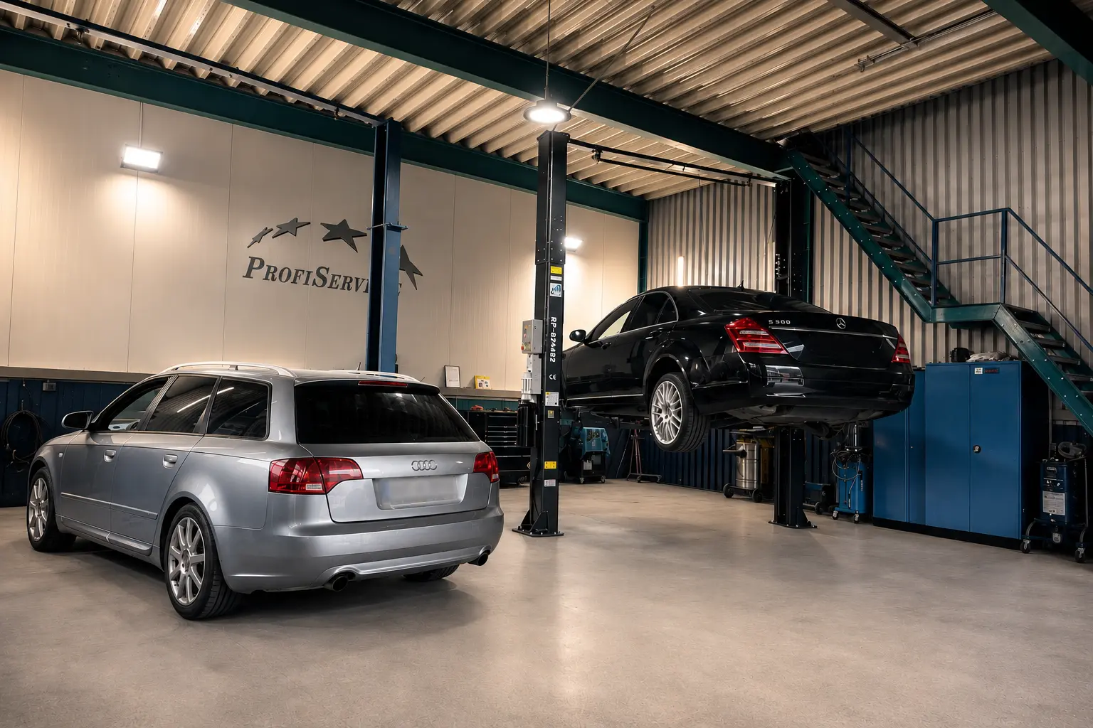 KFZ-Technik Shema Werkstatt mit Fahrzeugen auf der Hebebühne